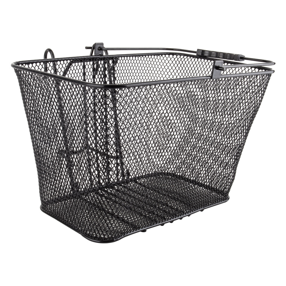 Black Sunlite mesh lift-off front basket attached to an eBike, shown from a front angle.