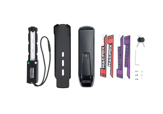 Black Macfox X1S eBike accessory battery, rectangular shape with visible connector ports, displayed on a white background.
