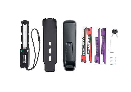 Macfox X2 Pro eBike battery upgrade kit, showing the battery pack and connectors on a white background