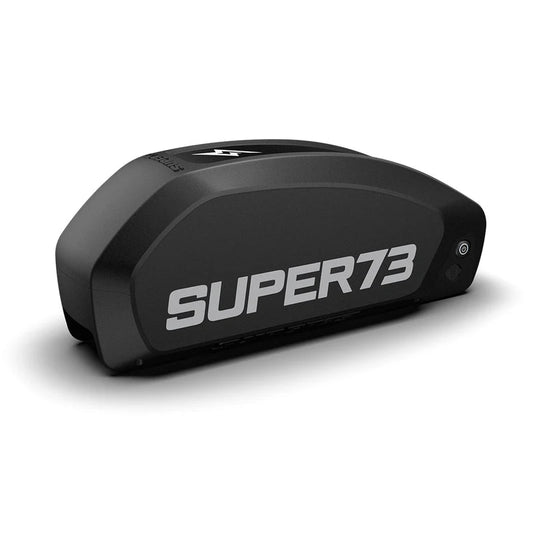 A black 48V 20Ah eBike battery designed for the Super73 S2 and R Series, shown from a side angle with visible connection ports and branding.