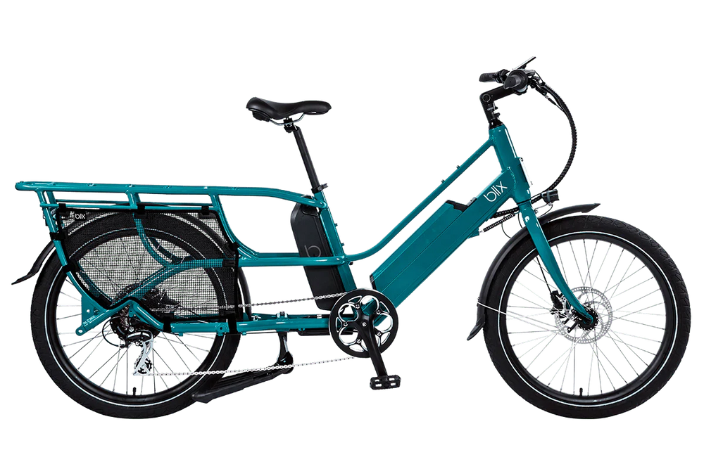 Teal Blix Packa Genie Step-Thru electric cargo eBike with 750W motor, shown from the side with cargo rack attached