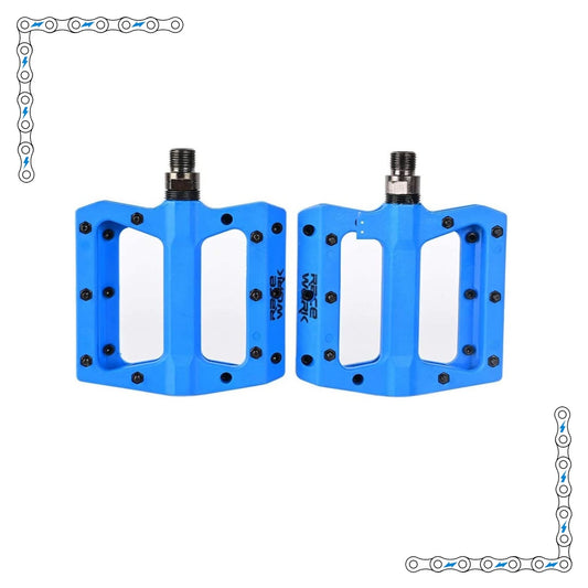 Electric blue eBike pedals with a bright, vibrant finish designed for electric bikes, product image.
