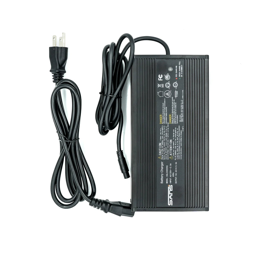 Super73 48V 5A eBike charger with power cord, black rectangular unit, product image on white background