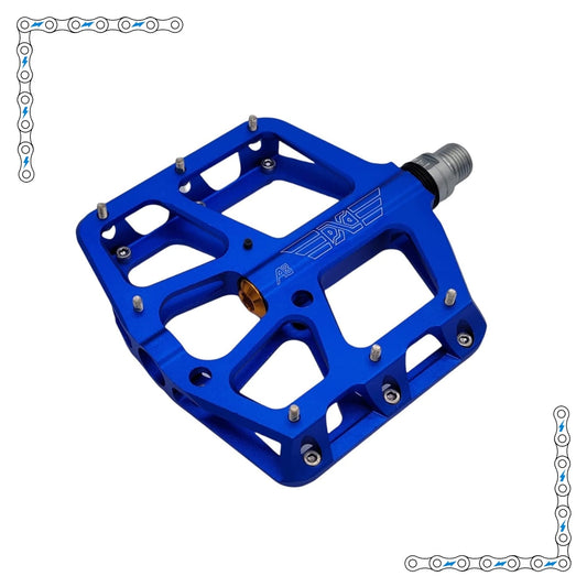 Royal blue aluminum pedals for electric bike, shown as a pair with textured surface and durable construction.