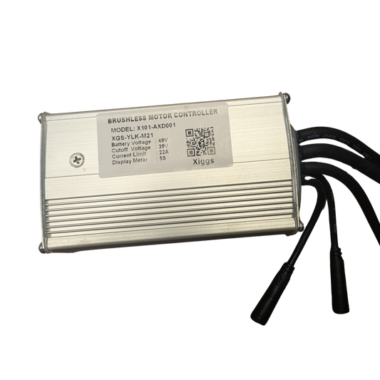 Front view of the Macfox X2 eBike Controller (old version) showing the rectangular black device with labeled connection ports and attached wiring.