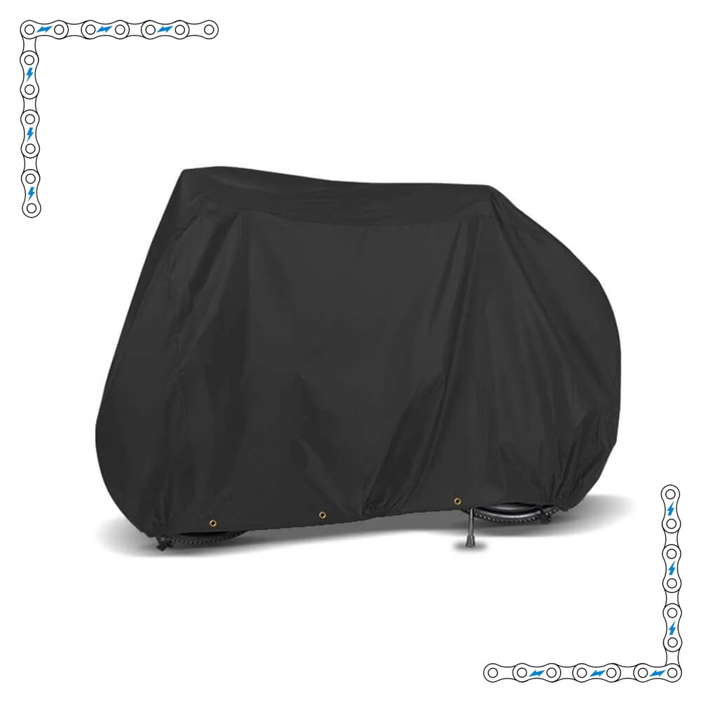Extra-large black eBike cover draped over an electric bicycle, fully protecting the bike from top to bottom, shown against a plain white background.