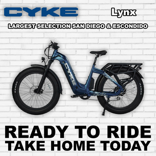 Classic blue eBike Cyke Lynx R2R model, side view, showcasing sleek frame and modern design