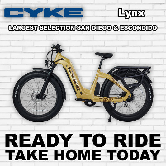 Yellow eBike Cyke Lynx R2R model, side view, against a plain background