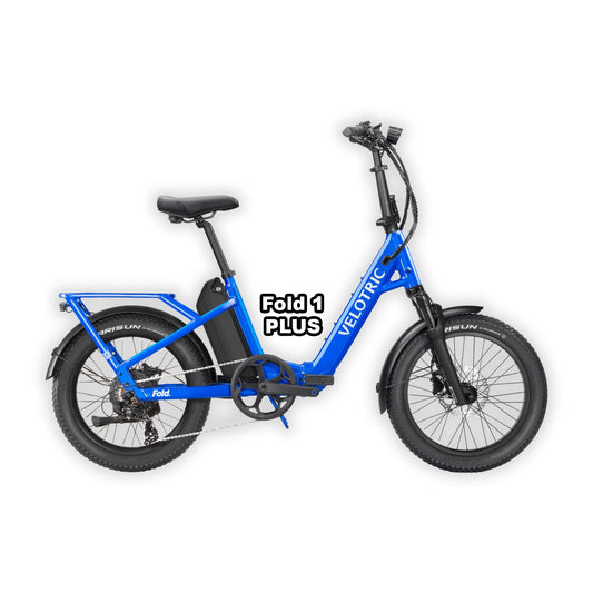 Velotric Fold 1 PLUS eBike in Electric Blue color, shown in its box, product image