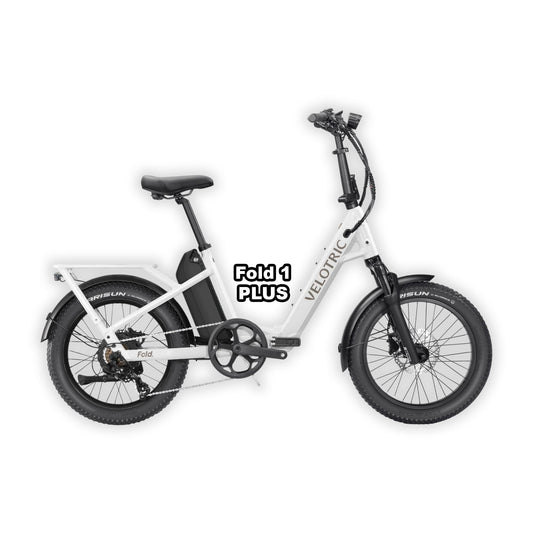 Velotric Fold 1 PLUS eBike in pearl white, folded and displayed inside its box, product image on white background