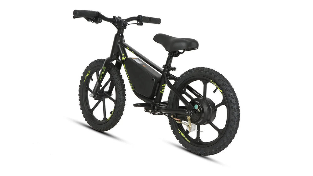 Eunorau EKIDS 16 electric micro ebike, 180W motor, 16x2 road tires, side view, black frame, product image