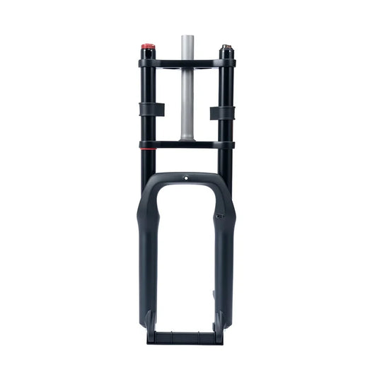 Front view of the Macfox X2 eBike fork, showcasing its suspension design and sturdy black construction.