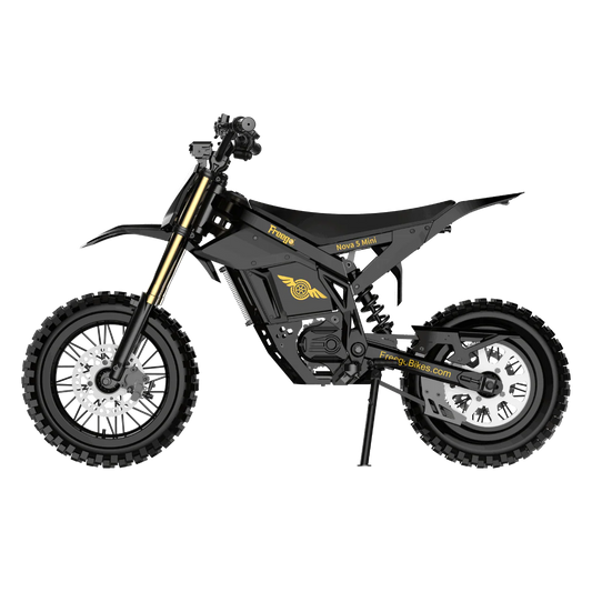 Side view of the Freego Nova 5 Mini eBike in black, showing its compact frame, thick tires, and foldable design.