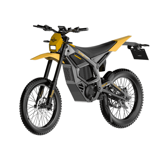 Yellow Freego Nova 5 electric bike, side view, standing on pavement with greenery in the background.