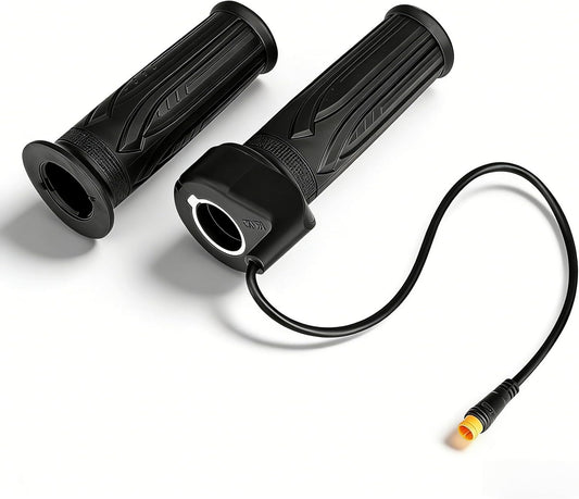 A close-up view of the Macfox eBike full twist throttle upgrade, showing the ergonomic handle design and attached wiring for installation.