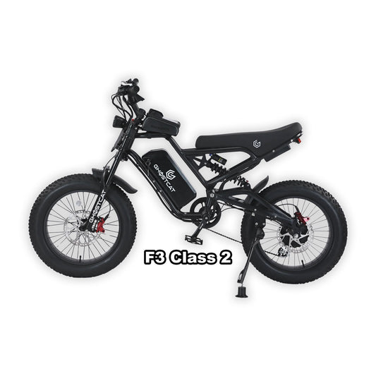 Black eBike Ghostcat F3 Class 2 packaged in a box, product image with blackout background.