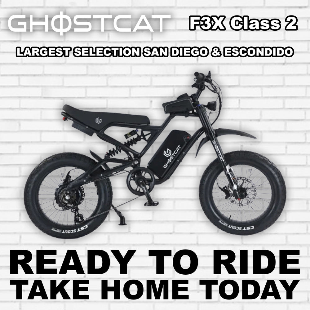 Side view of the eBike Ghostcat F3X.2 in R2R Blackout color, showcasing its sleek black frame, thick tires, and modern design against a plain background.