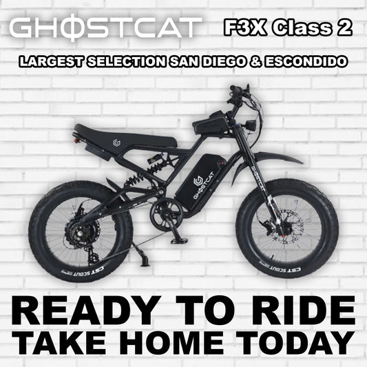 Side view of the eBike Ghostcat F3X.2 in R2R Blackout color, showcasing its sleek black frame, thick tires, and modern design against a plain background.