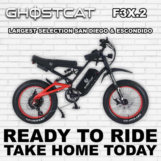 Red eBike Ghostcat F3X.2, side view, showcasing frame design and components