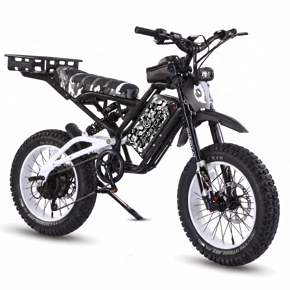 White eBike Ghostcat F4X Hunter's Edition Full Bundle, side view, showcasing bike frame, wheels, and included accessories against a plain background