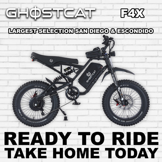 Side view of the eBike Ghostcat F4X in the R2R Blackout color scheme, showcasing its sleek black frame, thick tires, and modern design against a plain background.