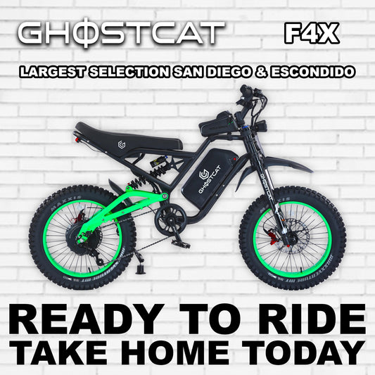 Neon green eBike Ghostcat F4X, side view, against a white background