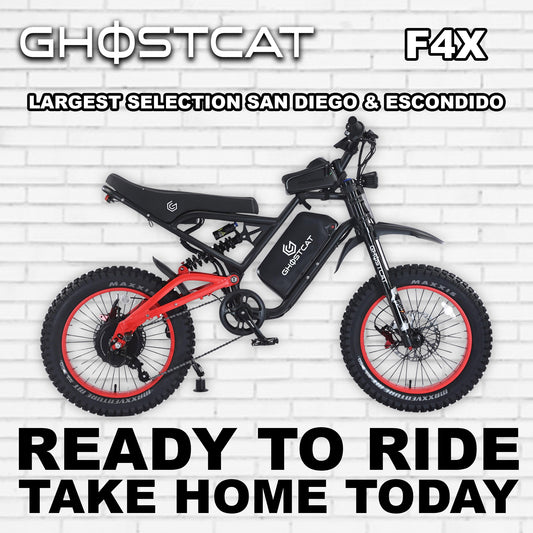 Red eBike Ghostcat F4X electric bicycle, side view, against a white background