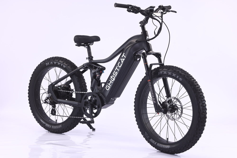 Black eBike Ghostcat Saber S1 side view, showcasing sleek frame design and thick tires