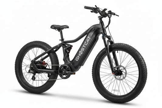 Blackout view of the Ghostcat Saber S1 eBike, highlighting its sleek frame and modern design features.