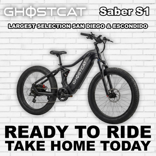 Black eBike Ghostcat Saber S1, side view, R2R Blackout edition, against a plain background