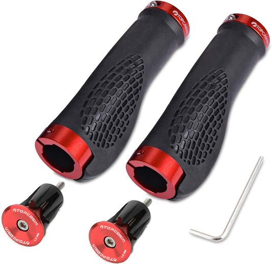 Black and red eBike grips with textured surface, shown side by side on a white background.
