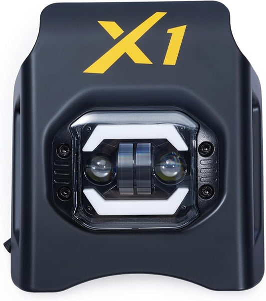 Front view of the Macfox X1 eBike headlight illuminated at night, showcasing its bright LED beam and modern design.