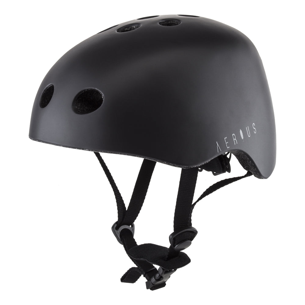Aerius Crow eBike helmet in matte black, side view, featuring aerodynamic vents and adjustable chin strap.