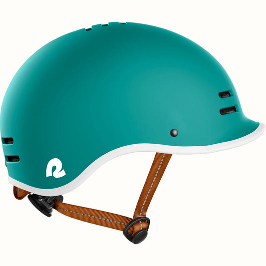 Matte Capri blue Retrospec Remi eBike helmet, side view, with adjustable straps and ventilation holes