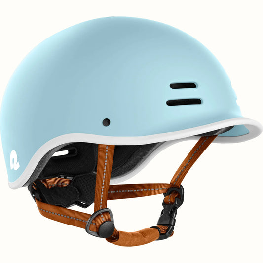 Matte cool mint Retrospec Remi eBike helmet, side view, with adjustable straps and ventilation holes
