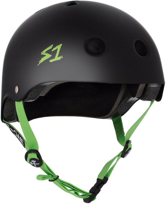 Black S1 Lifer eBike helmet in X-Large size with neon green straps, shown from the side against a white background.