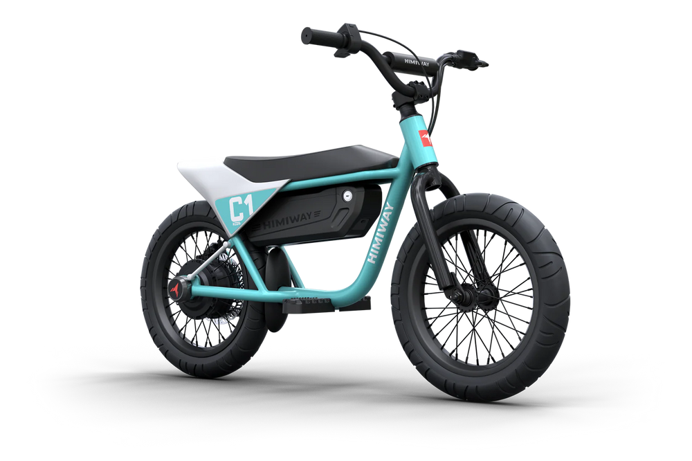 A cyan Himiway C1 electric bike for kids, side view, displayed on a white background.