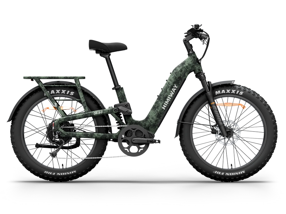 Himiway D5 2.0 electric bike in camouflage color, side view, displayed on a white background.