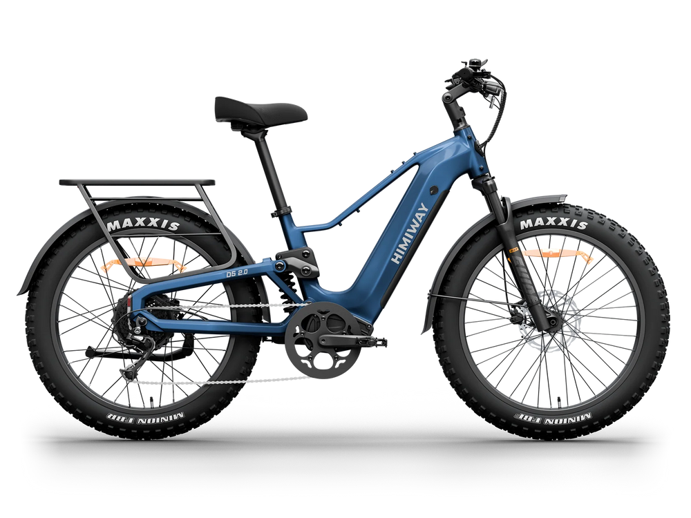 Midnight Blue Himiway D5 2.0 electric bike side view, showcasing its sturdy frame, fat tires, and integrated battery.