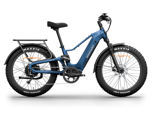 Midnight Blue Himiway D5 2.0 electric bike side view, showcasing its sturdy frame, fat tires, and integrated battery.