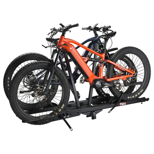Product image of the Cravot CyberRack R2 eBike hitch rack with integrated ramp accessory, showing the rack mounted on a vehicle hitch and the ramp extended for easy bike loading.