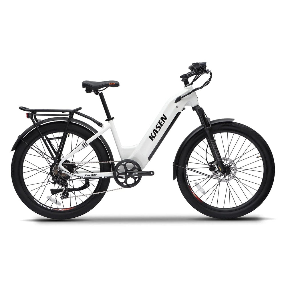 Gray Kasen City 2.0 eBike on a white background, ready to ride, side view