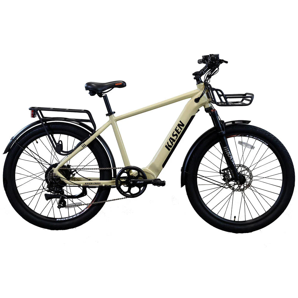 Kasen Cross eBike in sand color, side view, ready to ride, displayed against a plain background.