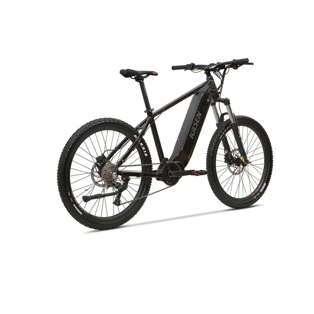 Black Kasen K2.0 eBike, 500W motor, shown ready to ride with 15AH and 20AH battery options, side view against a plain background.