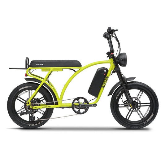 Neon green Kasen Kabbit 2.0 Plus eBike in a box, showing 15AH and 20AH battery options.