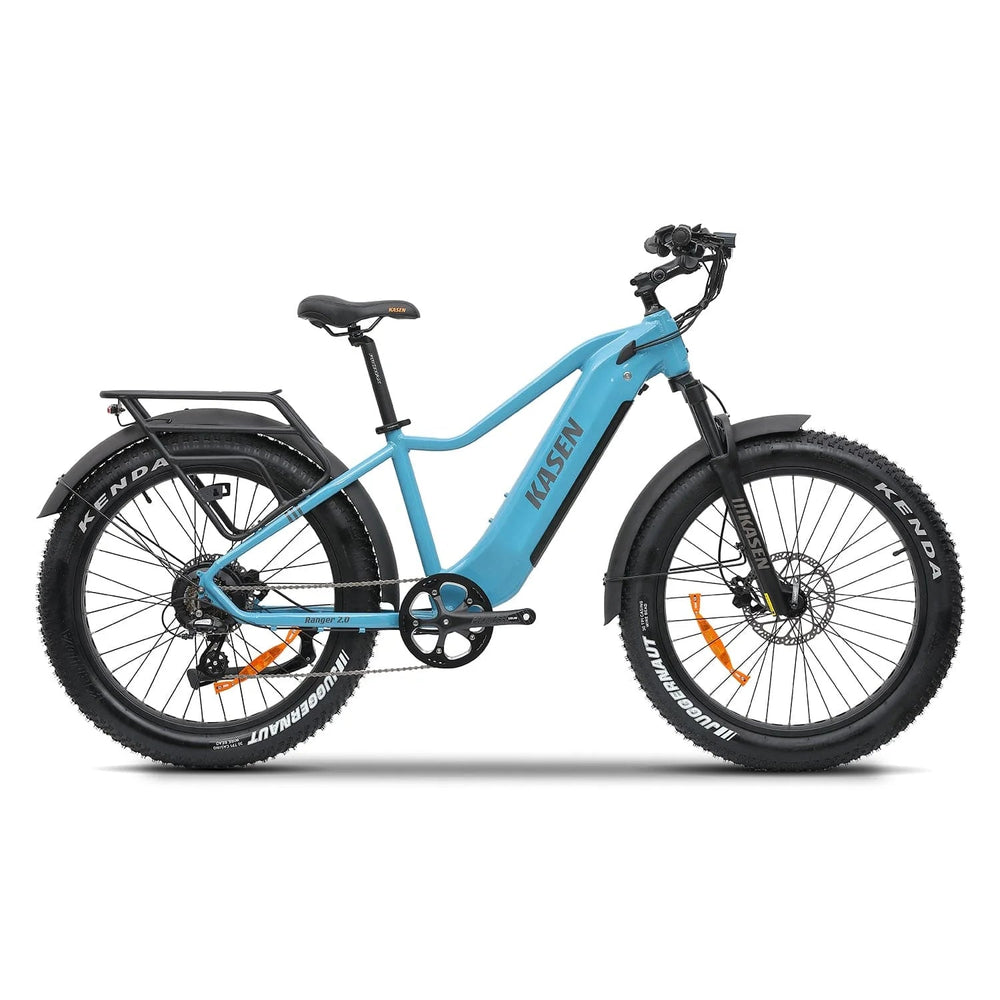 Blue Kasen Ranger 2.0 e-bike, ready to ride, shown with black accents and options for 15Ah or 20Ah battery.