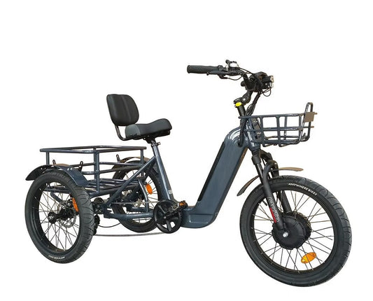 Blue Kasen eBike trike, ready to ride, shown from side view