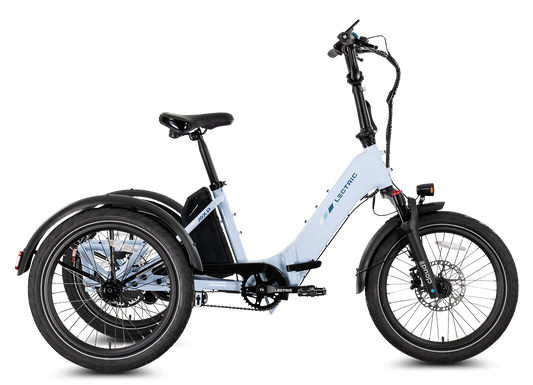 Lectric XP Trike 2 electric tricycle in Glacier Blue, side view, studio background