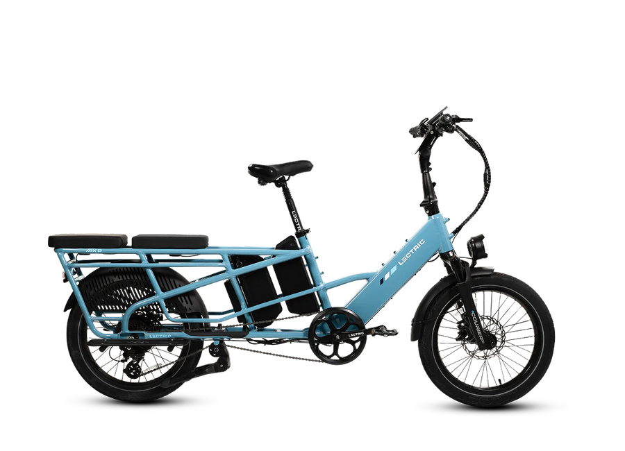 Lectric XPedition 2 eBike in Raindrop Blue, side view, displayed against a white background