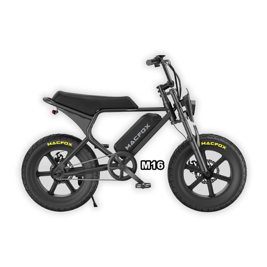 Black Macfox M16 eBike in its box, product image, side view